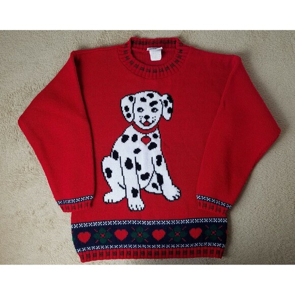 Basic Editions Girl's Large Dalmatian Puppy Knit Christmas Sweater Vintage 90s - Picture 1 of 8